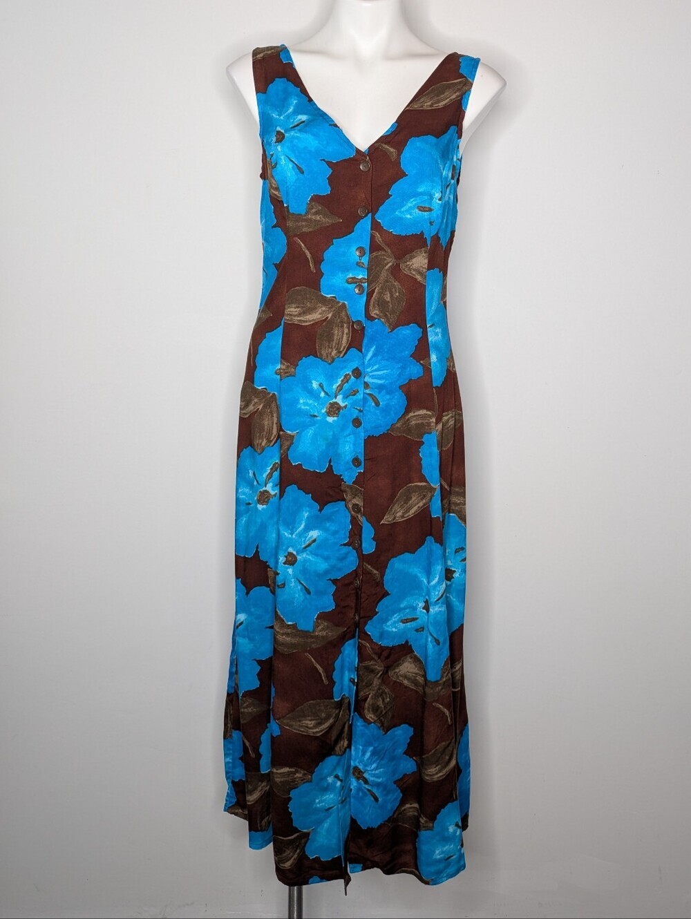 Vintage Rolling Over Brown Blue Floral 90s V Neck Summer Sun Dress M